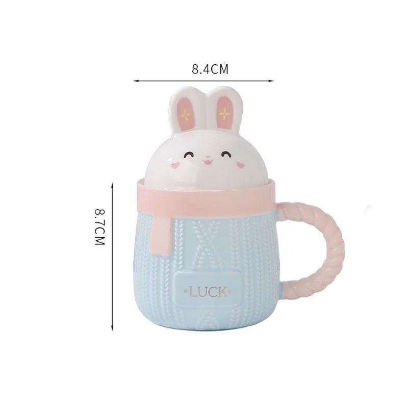 Rabbit-lid bunny ceramic mug, approx. 8.4 cm wide and 8.7 cm tall.