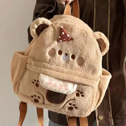 Plush bear backpack light tan with front pouch and brown shoulder straps