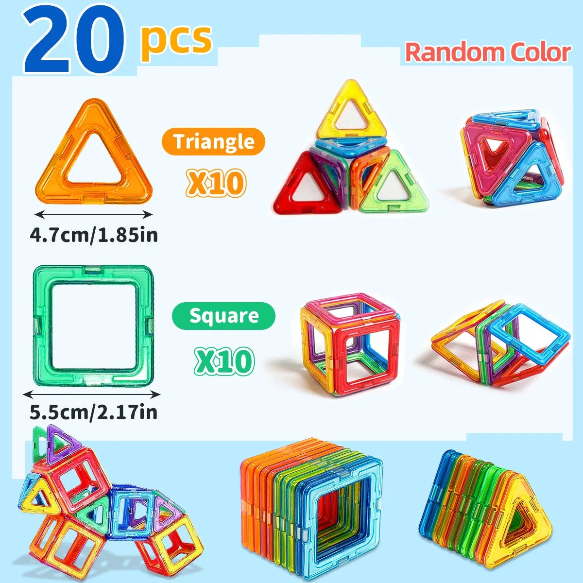 Random-color magnetic blocks showing triangle and square pieces in a set layout