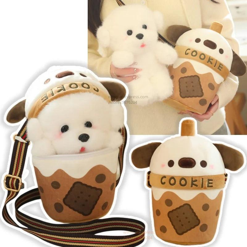 Puppy drink plushie bag set: white puppy cup plush with brown cookie print and strap.
