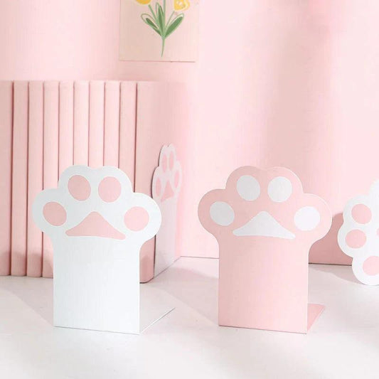 Cat paw bookends set with white paw icons and pink backing, shelf or desk use