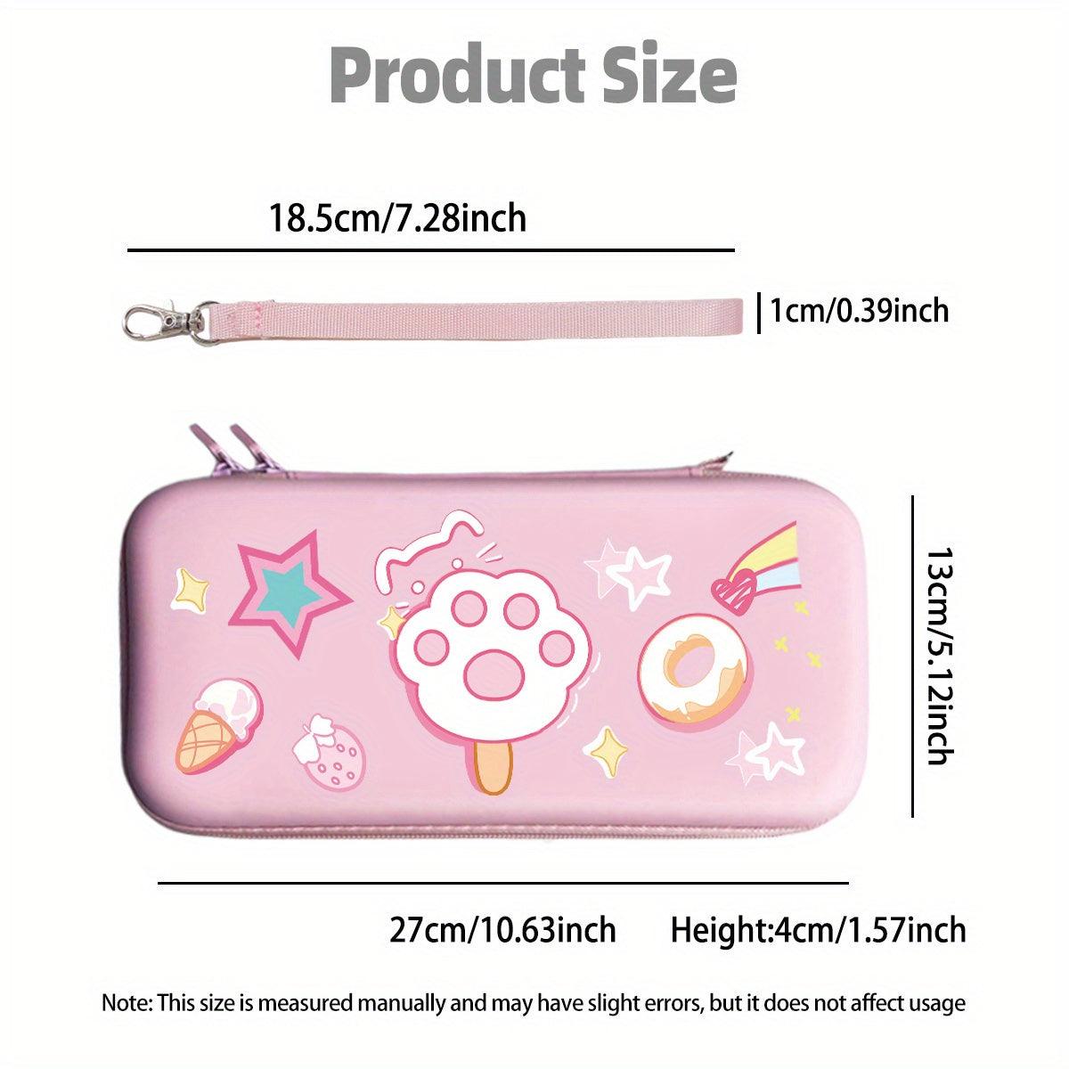 Pink hard shell gaming bag with bear paw graphic and attached wrist strap