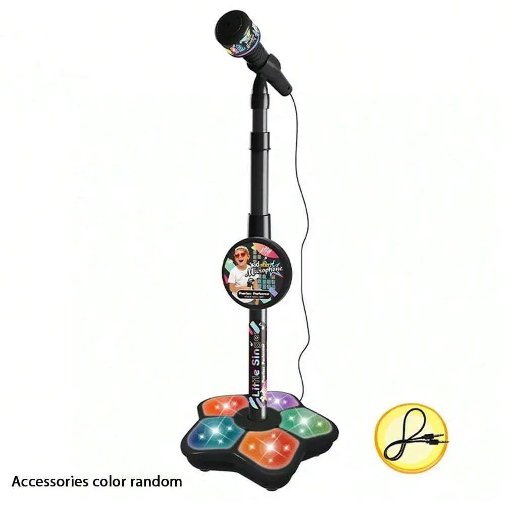 Black kids microphone stand toy with round character badge and multicolor light-up base