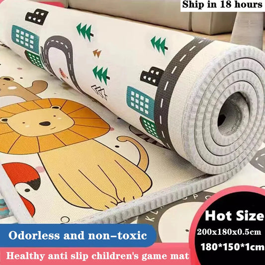 Non-slip play mat with city and road cartoon pattern, rolled edge shown