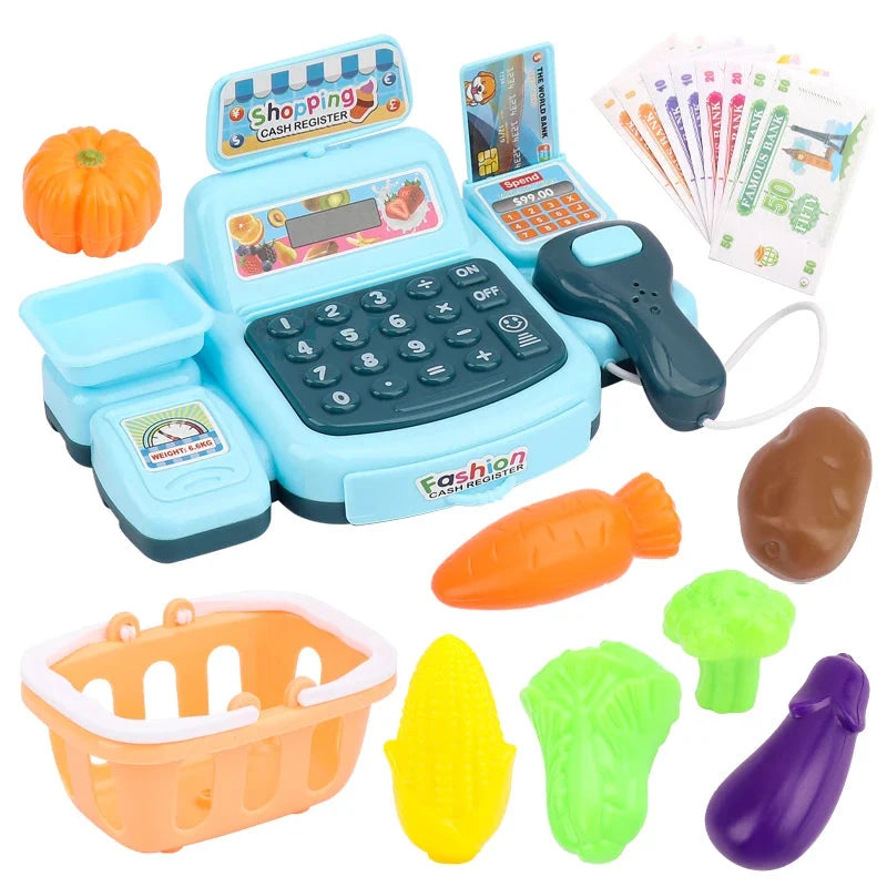 Light blue electronic cash register toy with phone, basket, and toy food items