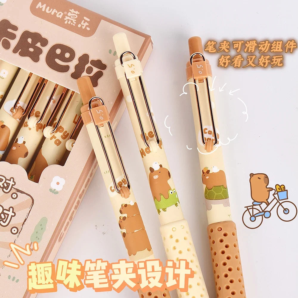 Capybara gel pen set with clip display, patterned beige and brown barrels