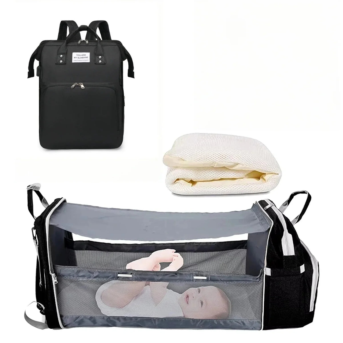 Black diaper bag backpack with foldable baby bed and transparent front organizer