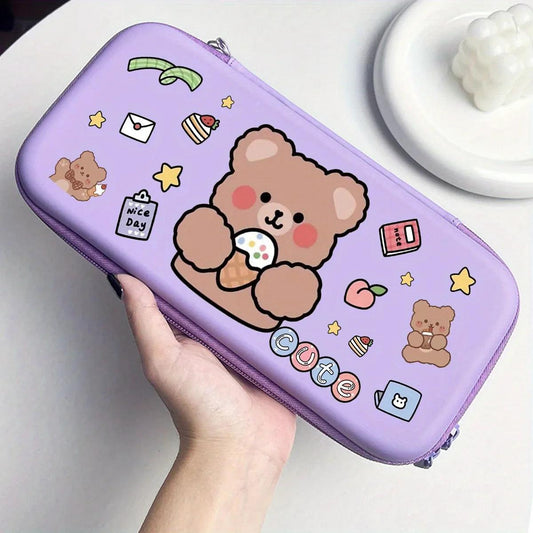 Purple hard shell gaming bag with bear cartoon, food icons, and zipper closure along top edge