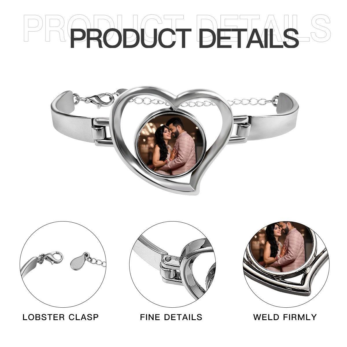 Silver-tone heart photo bracelet with clasp and inset photo, shown with detail callouts