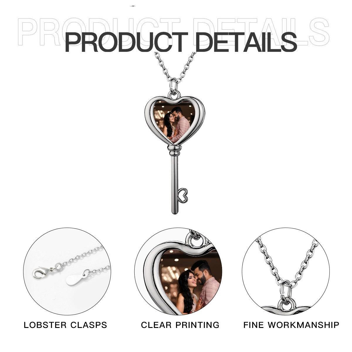 Heart locket key pendant photo necklace with chain, showing product detail close-up views