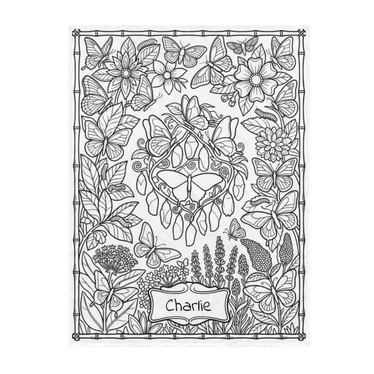 Butterfly-themed coloring blanket panel with name 'Charlie' and detailed flower outlines