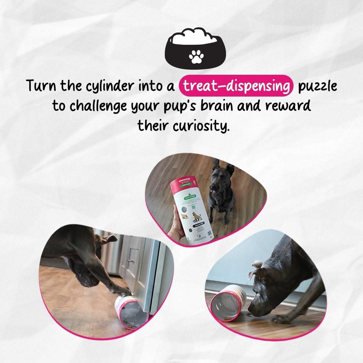 Dog treat-dispensing puzzle concept graphic showing tube used as a reward toy