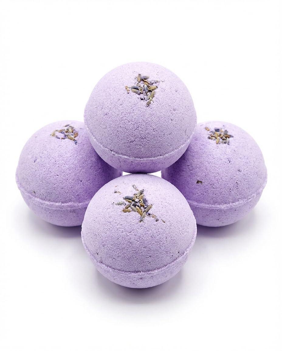 Lavender bath bomb gift set with four round spa bombs and dried flower topping