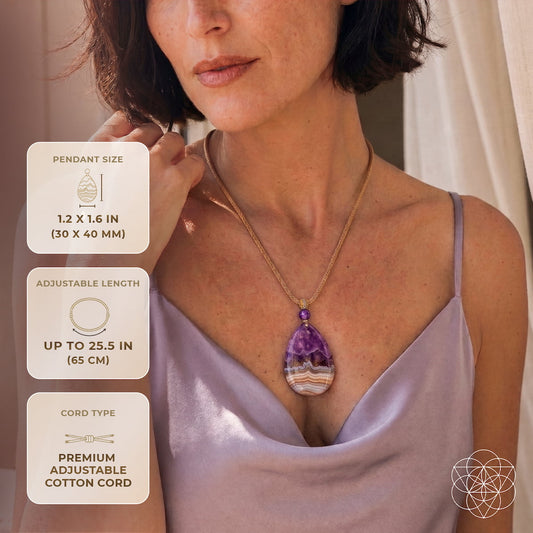 Amethyst crazy lace agate pendant necklace with adjustable gold chain and purple stone