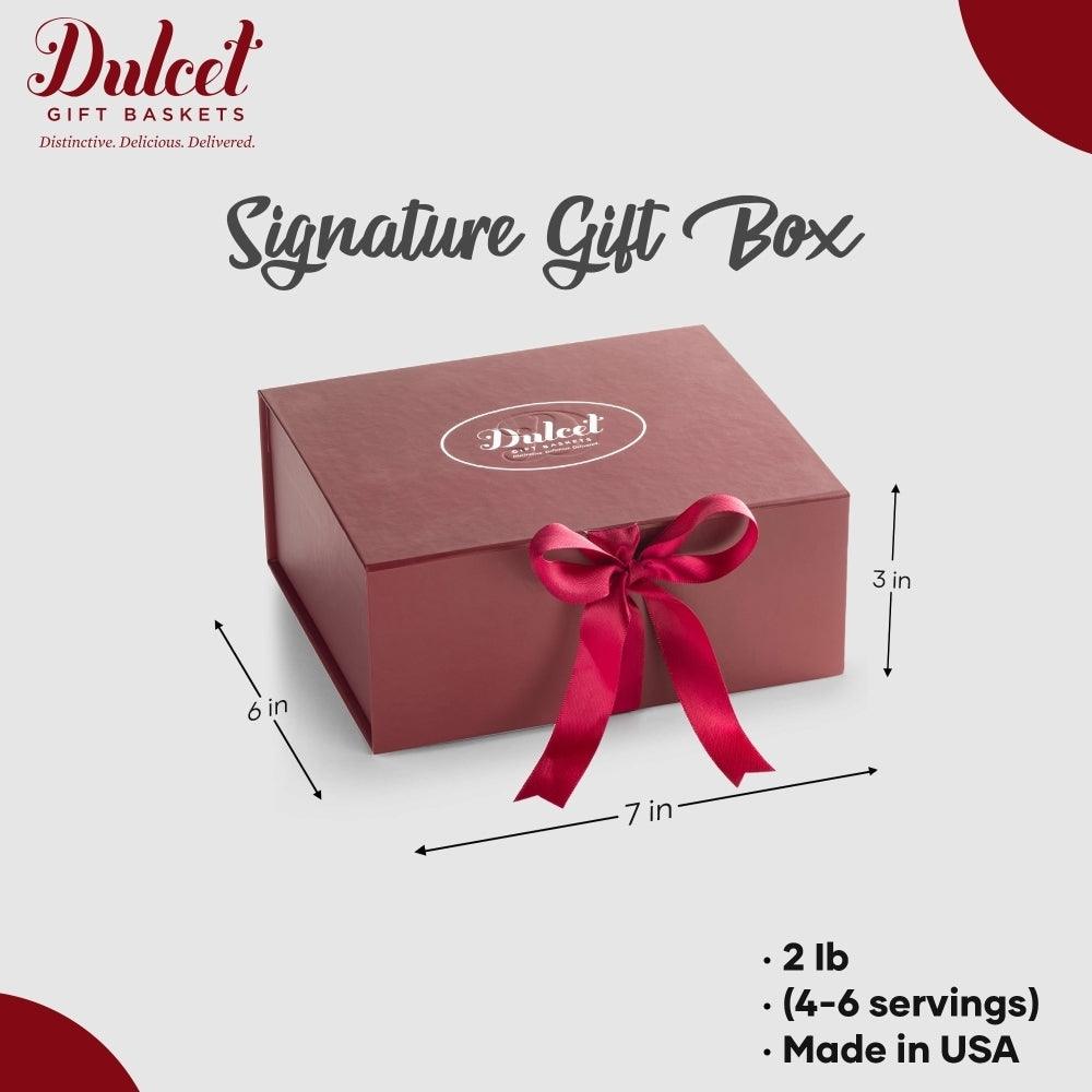 Signature gift box with pink ribbon, size dimensions marked on image