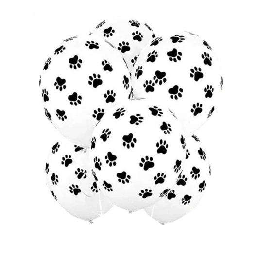Latex balloon set with black paw print pattern on white