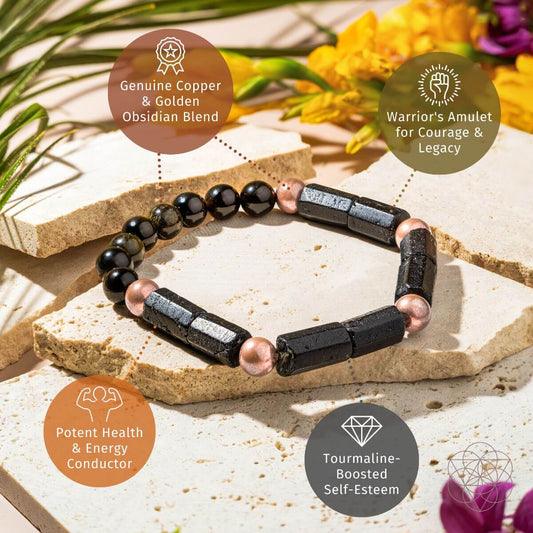 Copper bracelet with alternating black beads and dark bar-shaped spacers