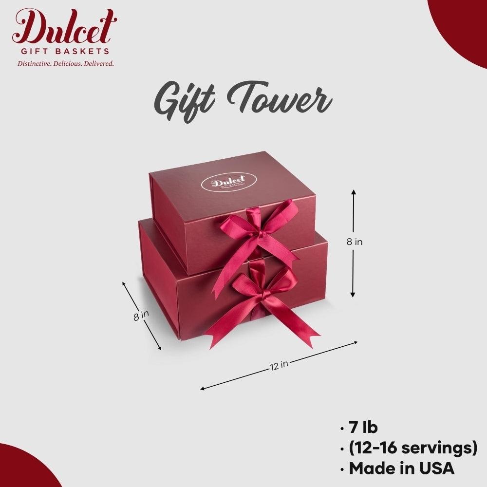 Two Tower Muffin Assortment Gift: stacked red gift boxes with pink bows and gift-tower layout