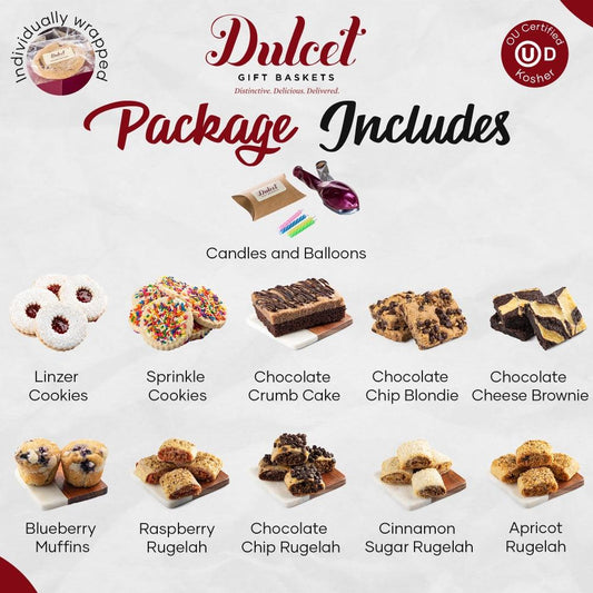 Package includes: candles & balloons and cookie assortment (linzer, brownies, rugelach)