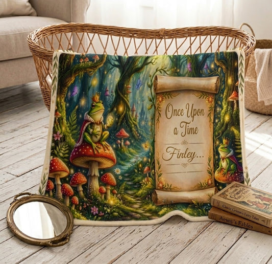 Personalized enchanted forest throw blanket with mushroom scene and 'Once Upon a Time Finley' scroll