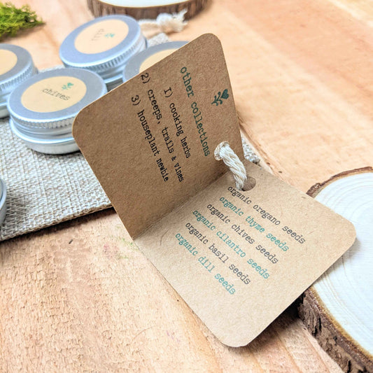 Herb seed collection label card listing oregano, thyme, chives, basil, dill, and more.