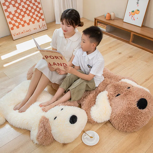 Brown and white plush puppy dog-shaped area rug, curled-ear face design