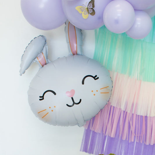 Round gray bunny balloon with pastel lavender and mint balloons, plus gold string ties