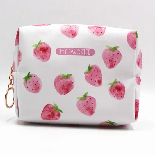 Strawberry watercolor cosmetics bag, pink strawberry pattern, front zip-top and “MY FAVORITE”