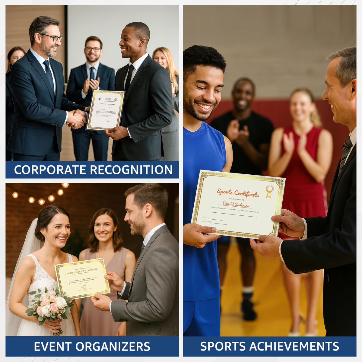 Gold-bordered certificate sheets for corporate recognition, events, and sports achievements