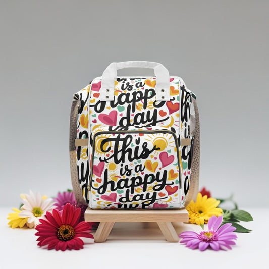 This Is A Happy Day Diaper Backpack – Colourful Hearts & Sunshine Print | Insulated Bottle Pockets | Large Capacity Nappy Bag | Baby Shower & New Mum Gift