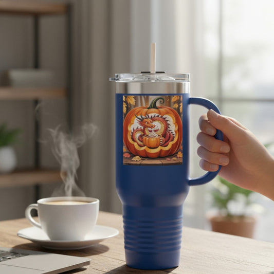 Navy blue insulated travel tumbler with dragon pumpkin graphic, clear lid and straw