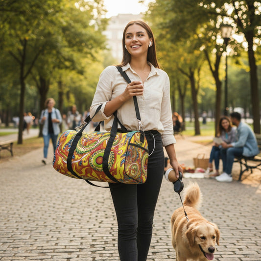 Swirl-pattern duffel bag carried by a person, with black straps and handles.