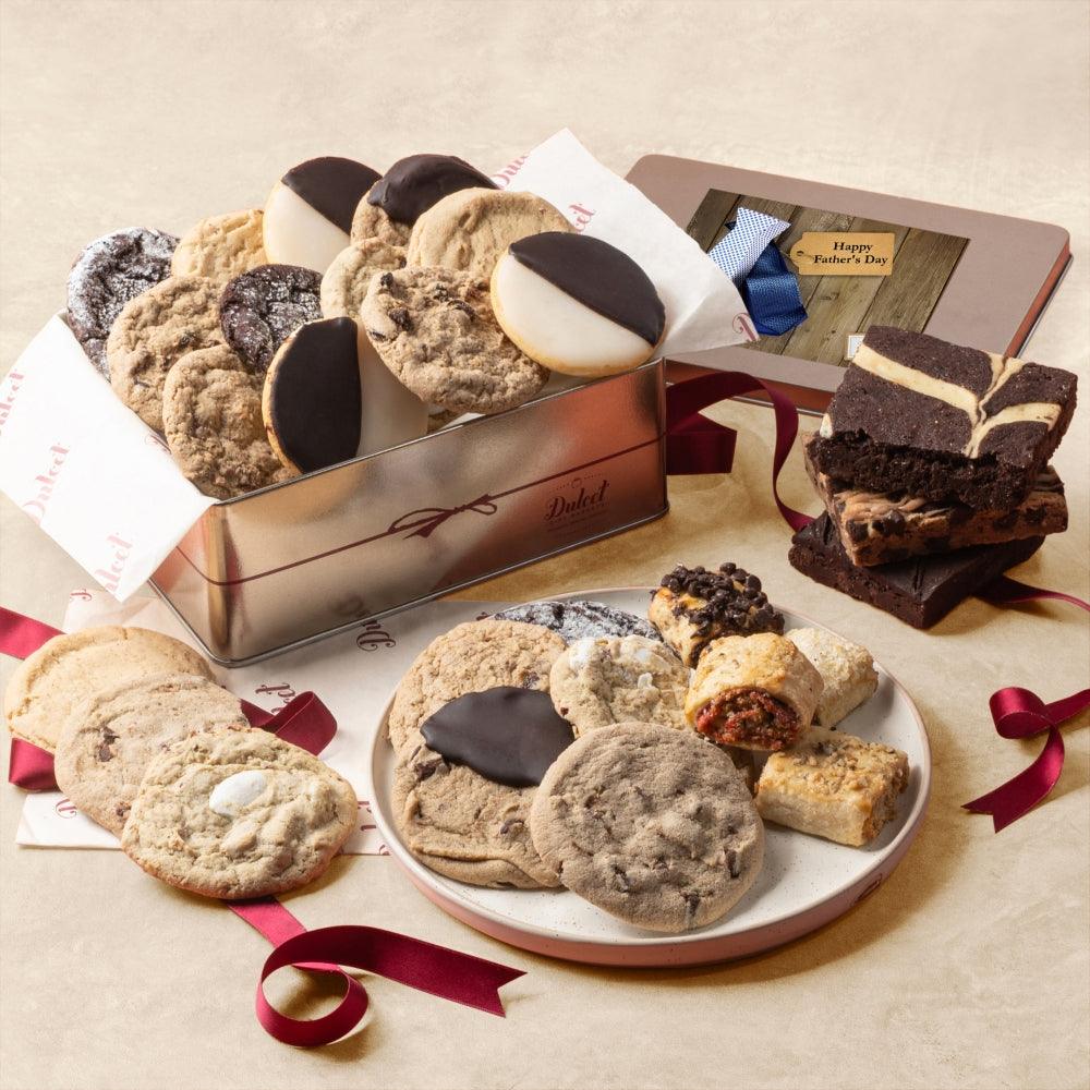 Party Treats in a Tin with assorted cookies and brownies, presented with ribbons