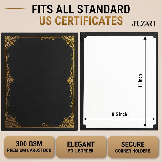 Black certificate holder with gold foil corner border; fits 8.5x11 documents