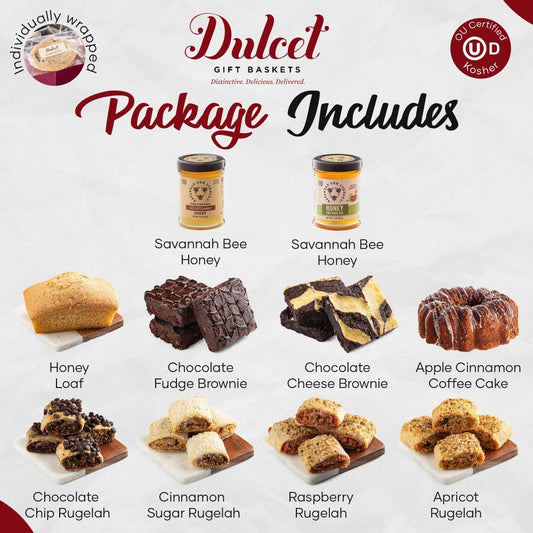 Assorted pastries and honey, including honey loaf, brownies, rugelach, and coffee cake
