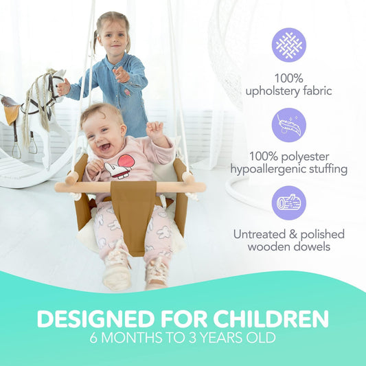 Canvas baby swing chair with white cushions, tan fabric, and 5-point safety harness