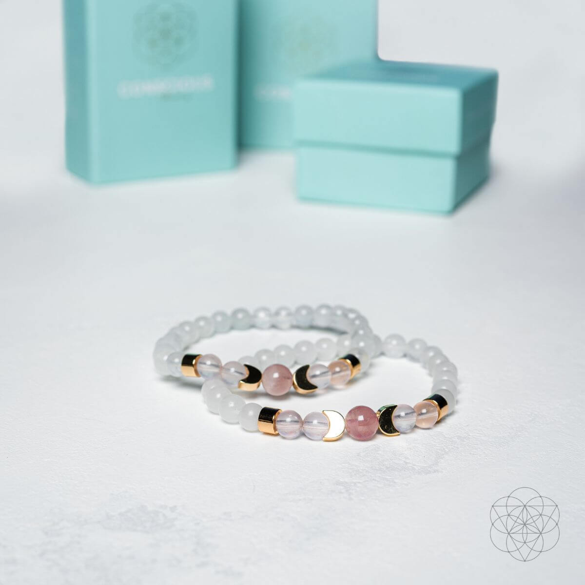 New Beginnings Bracelet – Rose Quartz & Moonstone with Crescent Moon Details
