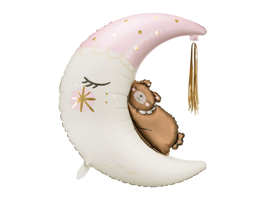 Moon foil balloon with brown teddy bear figure, light pink accents, and gold fringe