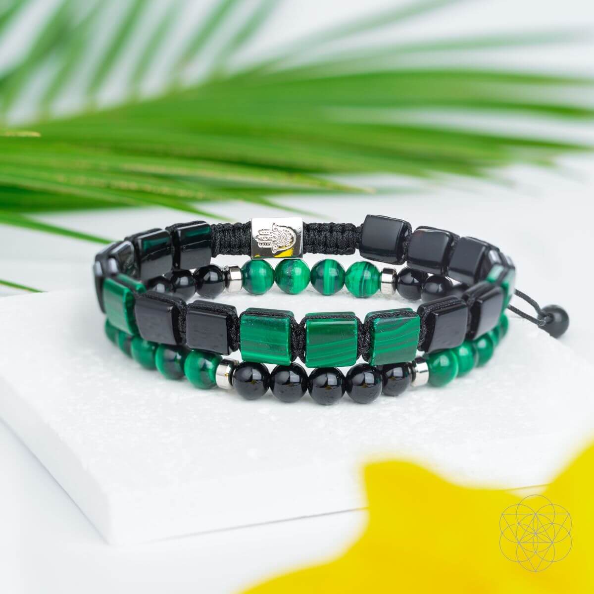 Fortress of Heart & Mind: Bracelet Set for Mental Healing – 2-Piece Malachite & Onyx Set