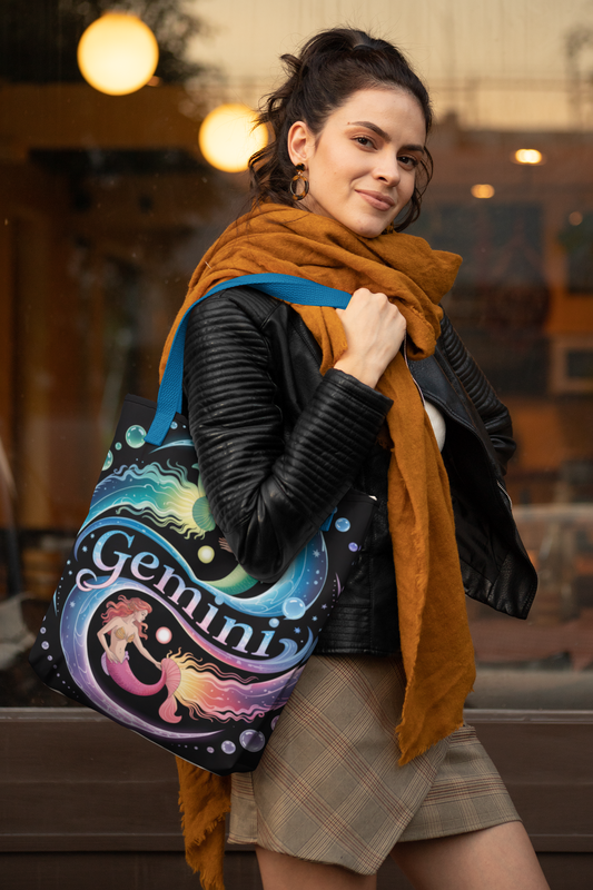 Black Gemini zodiac tote bag with colorful wave-mermaid print, carried over the shoulder.