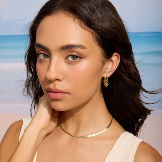Gold herringbone chain necklace, narrow chain band detail on neckline