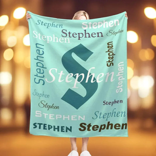 Your Letter & Name, Personalized Name Blanket, Soft Flannel Fleece Throw, Mint Green Navy - Dream Dragons