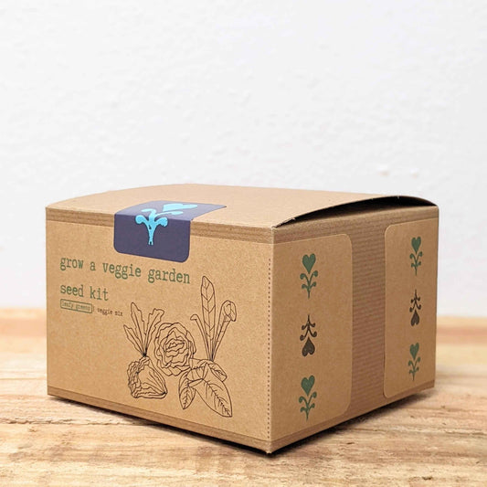 Leafy greens seed kit cardboard box with leaf icons on the side