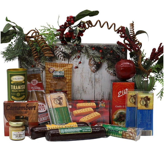 Holiday gift box with assorted gourmet items, open top with festive wreath