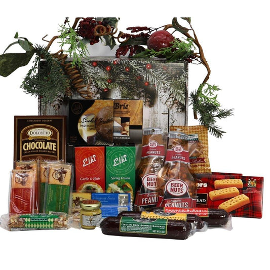Assorted holiday snack gift box with crackers, cheese, peanuts, cookies and chocolate