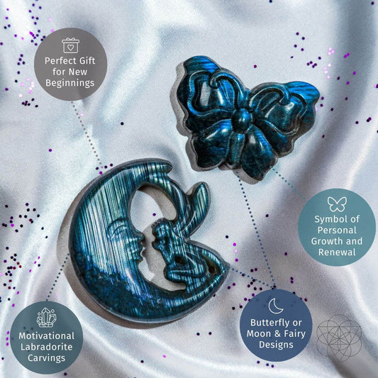 Labradorite moon and butterfly carvings, glossy blue finish, shown side by side.