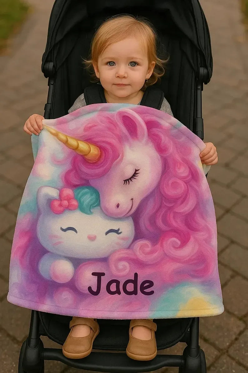 Personalized Unicorn Hello Kitty Fleece Blanket: Custom Name Throw - Dream Dragons