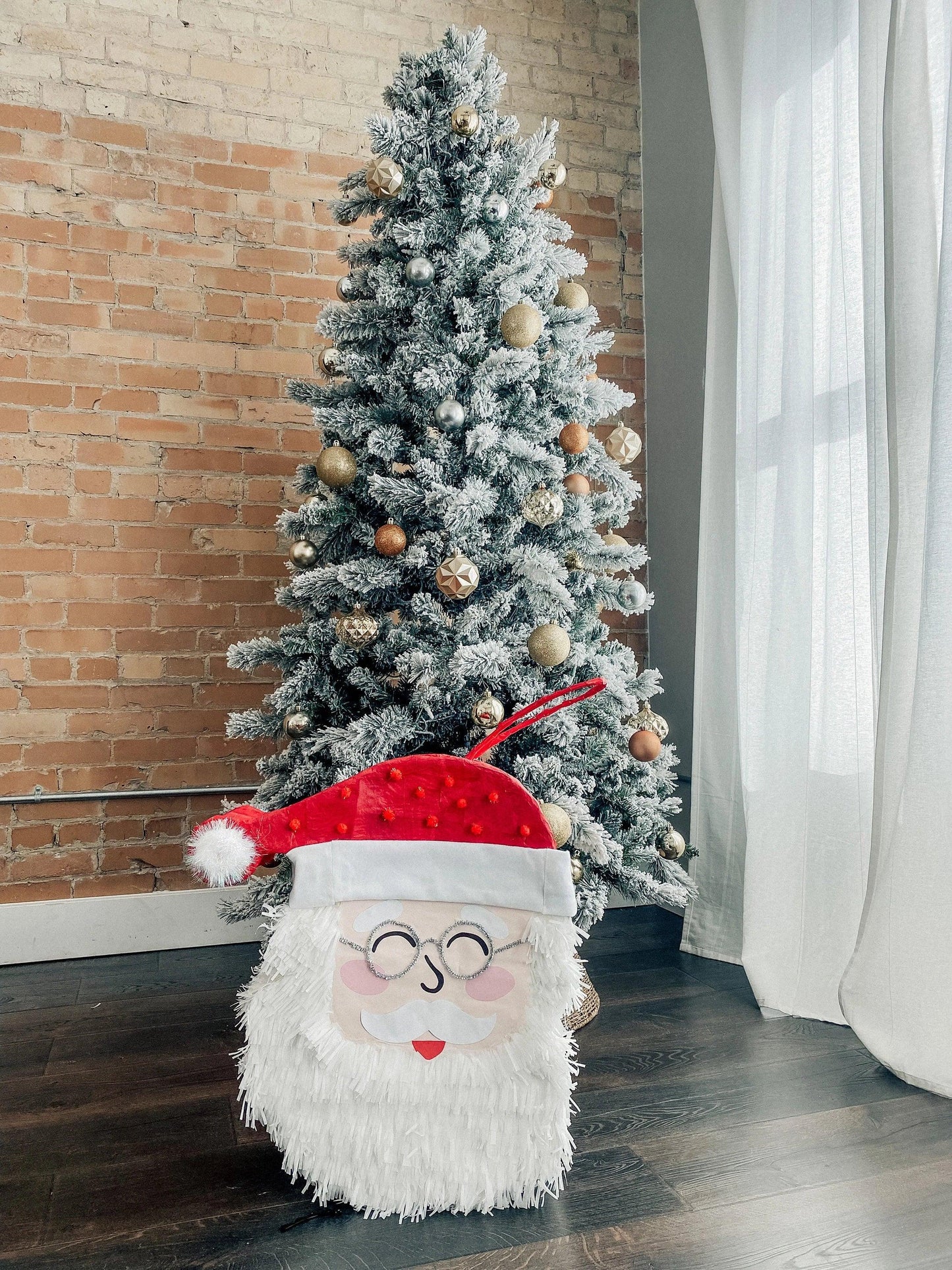 Santa Claus piñata decoration, white shag beard, round glasses, red velvet hat