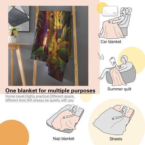Kids dinosaur flannel blanket shown for multiple uses: car blanket, quilt, nap, sheets