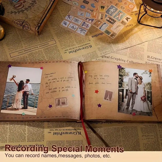 Vintage wedding guest book opened to pages with handwritten notes and a couple photo